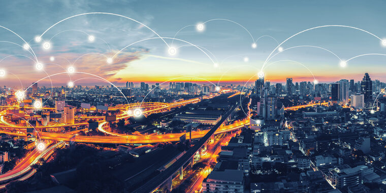 Network and Connection technology concept with Bangkok Expresswa Network and Connection technology concept with Bangkok Expressway top view in panorama at sunrise, Thailand.